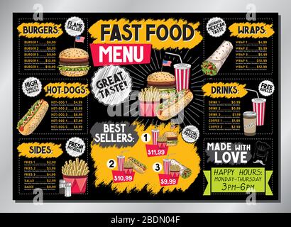 Burger bar card template - table menu (burgers, french fries, wraps, drinks, sets) - A3 size (420x297 mm) Stock Vector