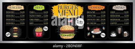 Burger bar menu template - price list/ ordering board/ banner (burgers, french fries, desserts, drinks) - 200 x 60 cm Stock Vector