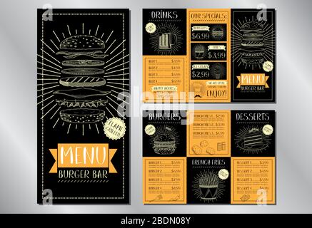 Burger bar menu flyer template (burgers, french fries, desserts, drinks) - 3 x DL (99 x 210 mm) Stock Vector