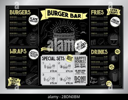 Burger bar card template - table menu (burgers, wraps, french fries, drinks, sets) - A3 size (420x297 mm) Stock Vector