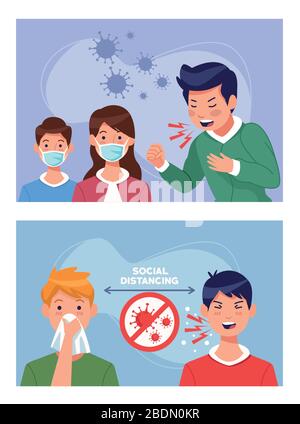 people sick and face masks with covid19 particles Stock Vector