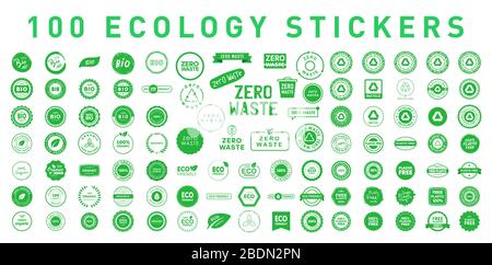 Set of 100 ecology various badges, stickers, symbols and emlems. Environment protection. Vector stock illustration. Eps 10. Stock Vector