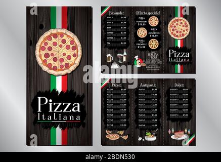 Italian pizza restaurant - menu/ flyer template - pizza, pasta, desserts, drinks - 3 x DL (99x210 mm) Stock Vector