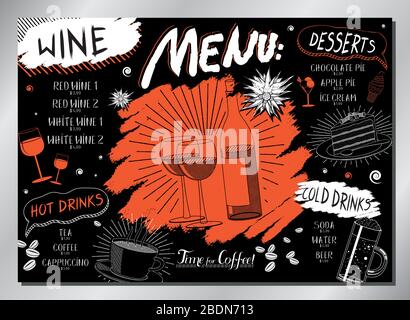 Vintage wine table menu (wine, desserts, drinks) - A3 size (420x297 mm) Stock Vector