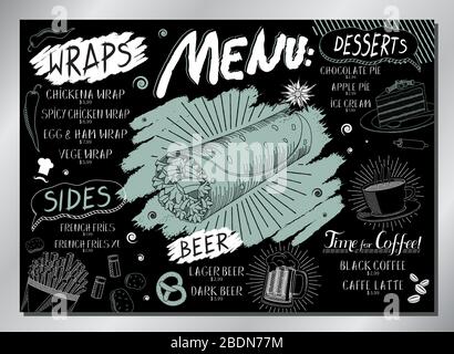 Vintage wraps table menu (tortilla wraps, french fries, desserts, drinks) - A3 size (420x297 mm) Stock Vector
