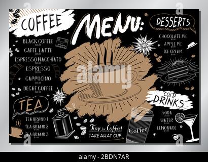Vintage coffee house table menu (coffee, desserts, drinks) - A3 size (420x297 mm) Stock Vector
