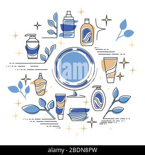 Cosmetics packages beauty products outline linear set icon flat vector illustration isolated on white background Stock Vector