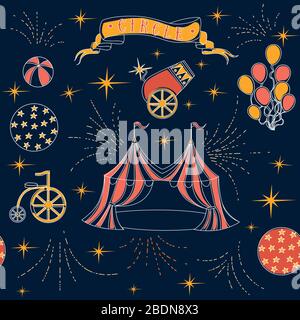 Seamless pattern outline circus icons collection linear style flat vector illustration on dark background Stock Vector