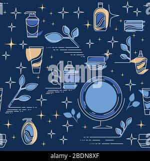 Cosmetics packages beauty products outline linear set icon flat vector illustration isolated on blue background Stock Vector