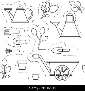 Seamless pattern gardening items collection outline icons set flat vector illustration on white background Stock Vector
