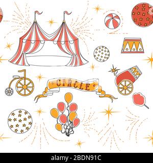 Seamless pattern outline circus icons collection linear style flat vector illustration on white background Stock Vector