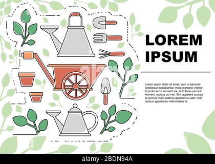 Gardening items collection outline icons advertising flyer design flat vector illustration on white background Stock Vector