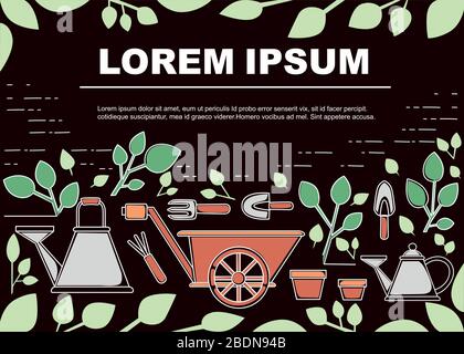 Gardening items collection outline icons advertising flyer design flat vector illustration on brown background Stock Vector