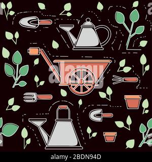 Seamless pattern gardening items collection outline icons set flat vector illustration on brown background Stock Vector