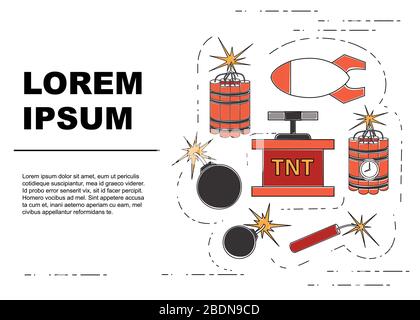 Flyer or greetings card design explosive retro dynamite set for mining colorful icon collection flat vector illustration on white background Stock Vector