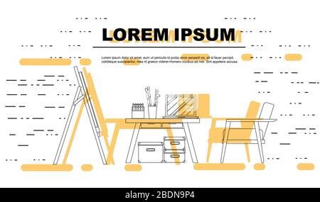 Outline style advertising flyer design concept with working desk chair and easel flat vector illustration on white background Stock Vector