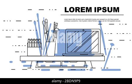 Outline style advertising flyer design concept with working desk flat vector illustration on white background Stock Vector