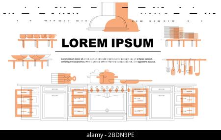 Modern kitchen interior in linear style outline kitchen with furniture and utensil tool equipment advertising flyer design flat vector illustration Stock Vector