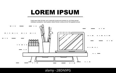 Outline style advertising flyer design concept with working desk flat vector illustration on white background Stock Vector