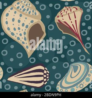 Seamless pattern big different seashell collection colored tropical shells flat vector illustration Stock Vector