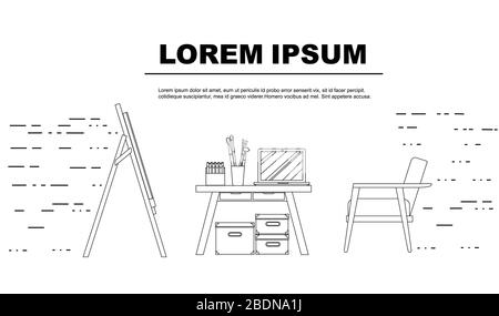 Outline style advertising flyer design concept with working desk chair and easel flat vector illustration on white background Stock Vector