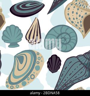 Seamless pattern big different seashell collection colored tropical shells flat vector illustration on white background Stock Vector