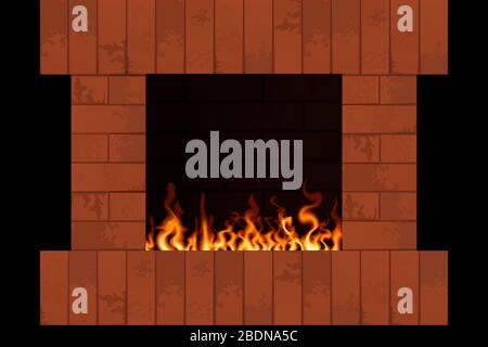 Brick fireplace with flame. Indoors home interior vector illustration. Stock Vector