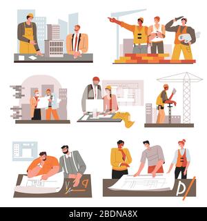Architects with schemes and builders with tools at workplace Stock Vector