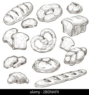 Baked products, loaf of bread and buns monochrome Stock Vector
