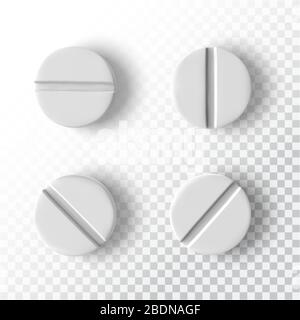 3d realistic white medical pill, top view. Design template of pills, capsules for graphics,mockup. Vector illustration. Stock Vector