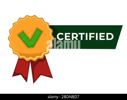 Certified label, badge with checkmark and ribbon stamp Stock Vector