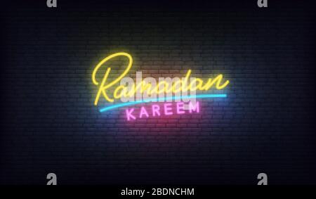 Ramadan Kareem neon. Lettering glowing colorful sign for Ramadan celebration Stock Vector