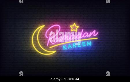 Ramadan Kareem neon. Lettering glowing colorful sign for Ramadan celebration with crescent moon and star Stock Vector