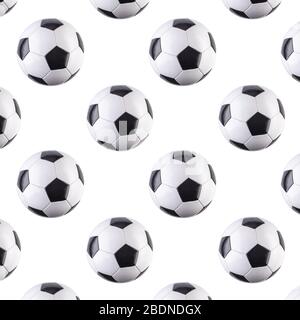 Seamless pattern of balls. Black and white soccer balls flying in the air, isolated on white background. Minimalistic concept of sports Stock Photo