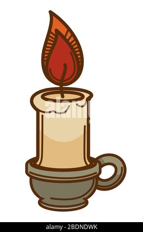 Candle in candlestick with wax and flame icon Stock Vector