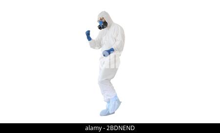 Doctor in hazard clothes making several win gestures on white ba Stock Photo