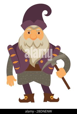 Old dwarf with pickaxe, gnome character with beard Stock Vector