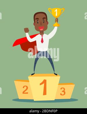 Businessman superhero standing on the winning podium and holding winner cup. Stock Vector