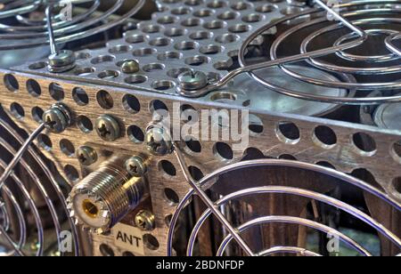 Rear panel of a high frequency power amplifier with vacuum tubes close up view Stock Photo