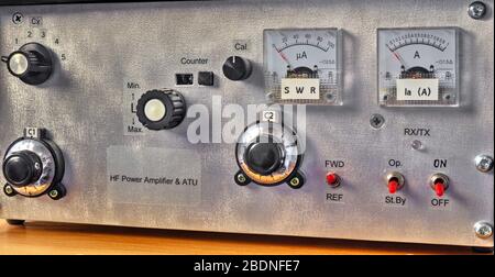 Front panel of a high frequency power amplifier with vacuum tubes close up view Stock Photo