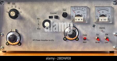 Front panel of a high frequency power amplifier with vacuum tubes close up view Stock Photo