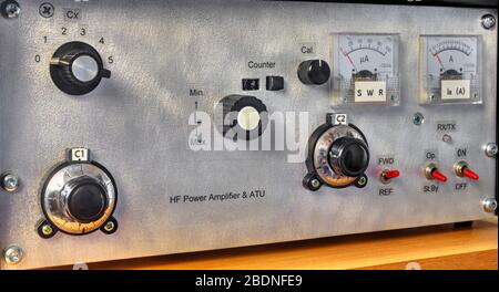 Front panel of a high frequency power amplifier with vacuum tubes close up view Stock Photo