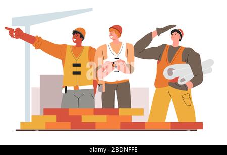 Team of builders with schemes and drafts for buildings Stock Vector