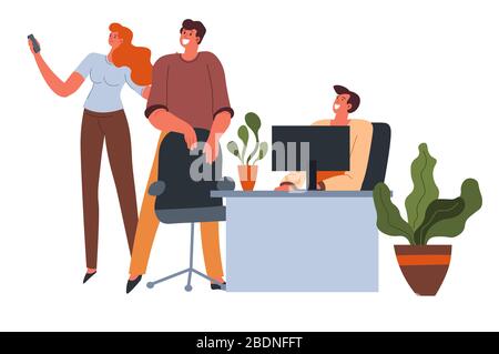 People in office having fun on coffee break taking selfie Stock Vector