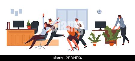 Office workers having fun at break, pushing chairs Stock Vector