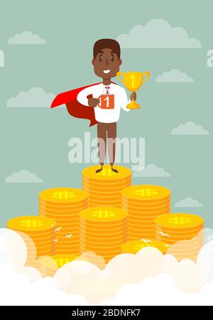Businessman dressed with superhero cloak is standing on the pile of the coins. Stock Vector