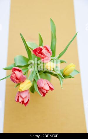 Vertical format top down image of a seven red and yellow Tulips in a vase placed on top of the table with a yellow cover on white surface Stock Photo