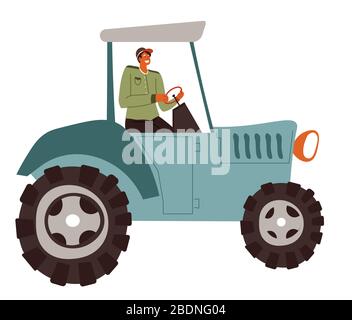Man riding tractor working on field, farming male Stock Vector