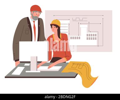 Architects working on architectural projects using computer and drafts Stock Vector