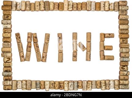 Sibiu city, Romania - April 06, 2020. Cork frame concept made from Old Used corks plugs from different wine producing countries with inscription made Stock Photo
